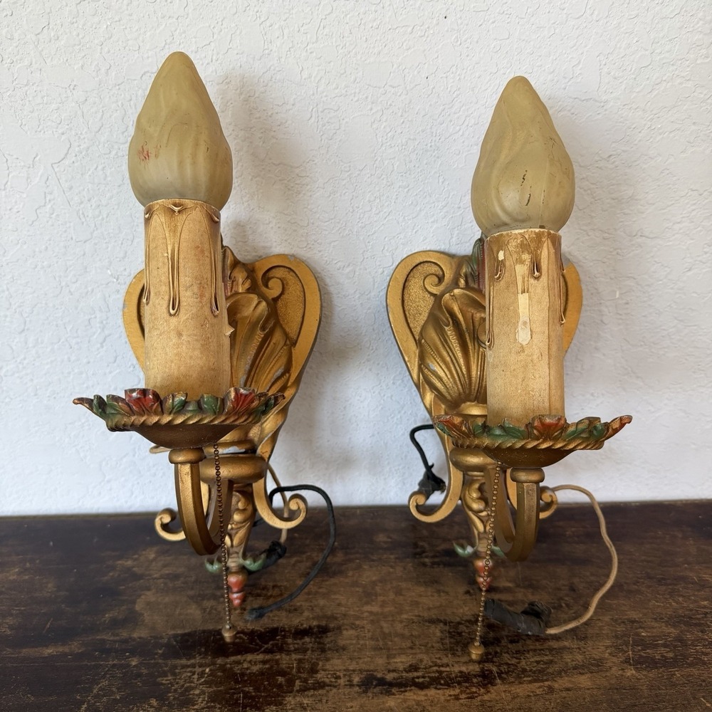 1920s Art Deco Spanish Revival Brass Wall Sconce Lights Gothic Polychrome Pair 2